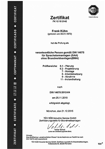 TÜV Zertifikat alle Systeme Ingenieurbüro Kühn